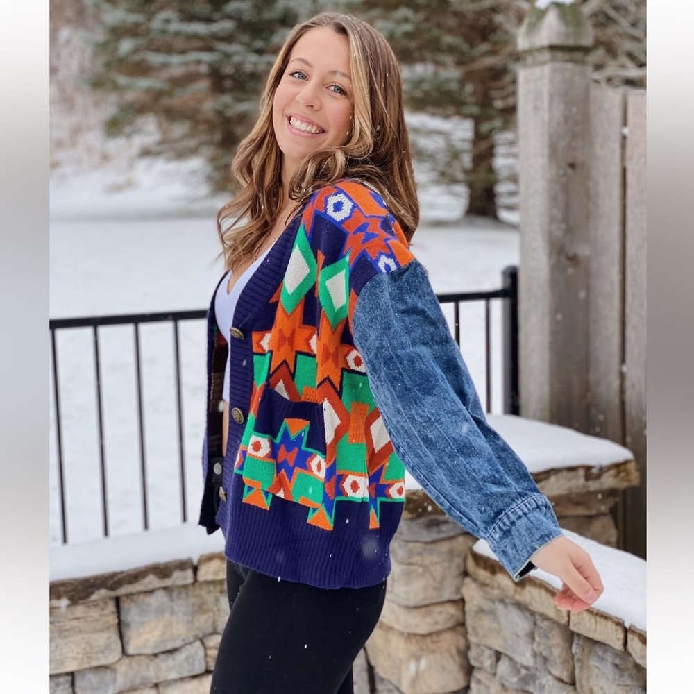 She + Sky Colorful Geometric Knit Jacket